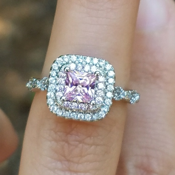 NEW Silver Pink Princess Cut Double Halo Ring - Picture 4 of 8